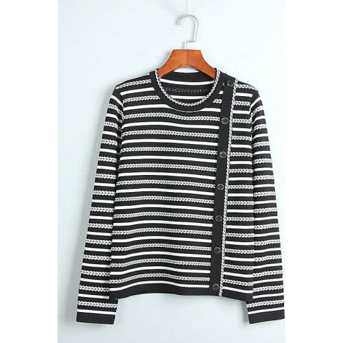 Brand Design Autumn Winter Diagonal-breasted Long-sleeved Pullover Sweet Striped O-neck Sweater Women Casual Jumper Coat Clothes