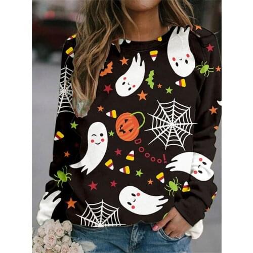Fashion Cartoon Skull Print Sweatshirt Women Casual Long Sleeve Loose Halloween Pullovers Autumn Winter O Neck Tops Plus Size