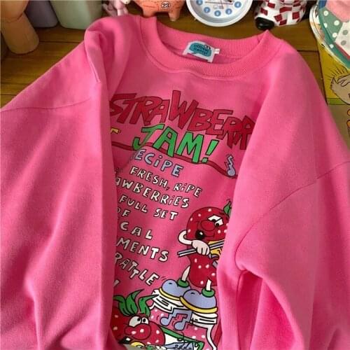2021 autumn Korean version of the strawberry vintage girl kawaii sweet loose retro plus velvet top band printed sweater women