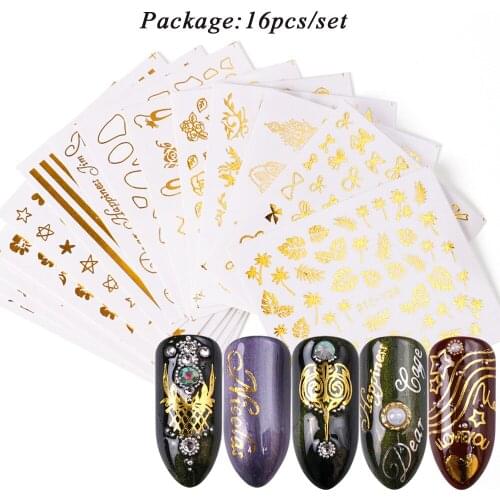 16 pieces of water nail stickers golden watermark applique set, bow tie multi-pattern bronzing DIY manicure nail art slider for