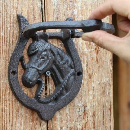 Black Horse Head Cast Iron Door Knocking Farm House Home Garden Decor Vintage Handmade Foot Circled Animal Figurine Metal Handle