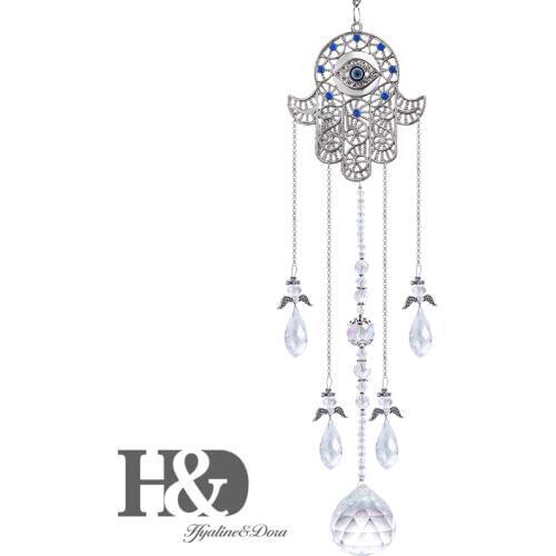 H&D Hanging Crystal Suncatchers Hamsa Charm Lucky Blue Evil Eye Ornaments Rainbow Maker Pendants Home Window Decor Wedding Gifts