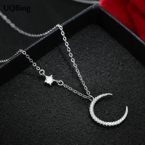 Crystal Moon Star Pendants&Necklaces Pure Sterling Silver 925 Chain Necklace Jewelry Collar Colar