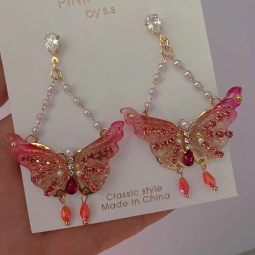 Korean Luxury Pink Rhinestone Butterfly Long Drop Earrings For Women Girls Fashion Holiday Party Pendientes Jewelry