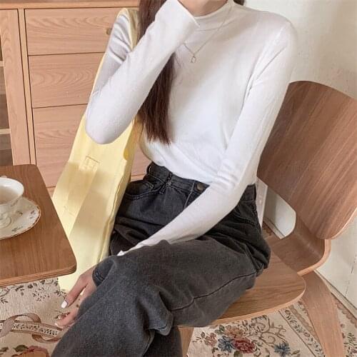 ZJZLL 2021 Hot Sale Popular Pile Collar Curling Slimming Knitted Pullover Autumn and Winter Thin Solid Color Basic Top for Women