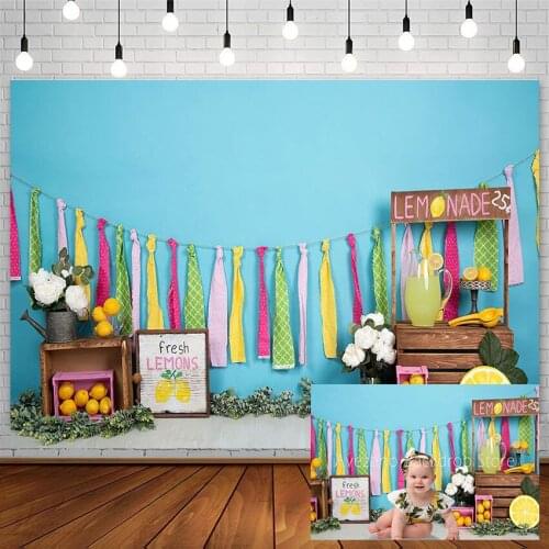 Mehofond Fresh Lemon Backdrop Birthday Baby Shower Fruit Ribbon Flower Newborn Blue Photography Background Photocall Decor Props