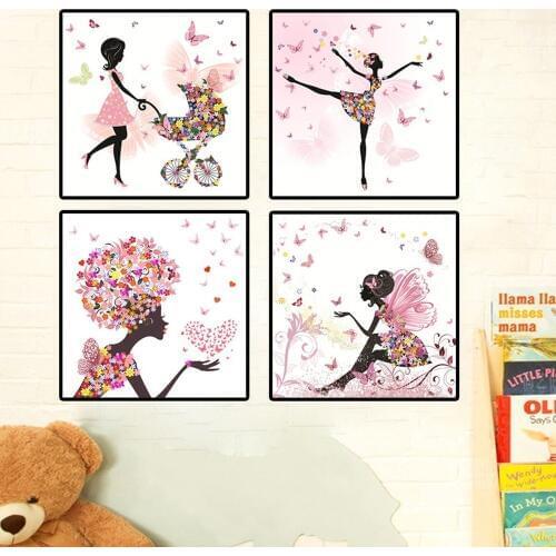 Cute Flower Elf Dance Girl Canvas Painting Cartoon Butterfly Fairy Float Poster Childrens Room Kindergarten Wall Art Pictures