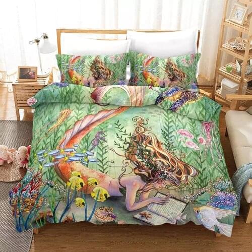 Cute Mermaid Printing Bedding Set Quilt Cover Duvet Cover Set Bedclothes Pillowcase Queen King Size Girls Bedroom Decor