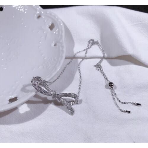 Fashion Brands Clear Austrian Bowknot Necklace Pendants Long Best Friends Gifts for Women Korean Fashion Jewelry