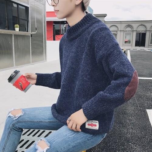 Mens sweaters autumn and winter new trend bottoming sweaters mens corduroy patch sleeve sweaters mens casual pullovers