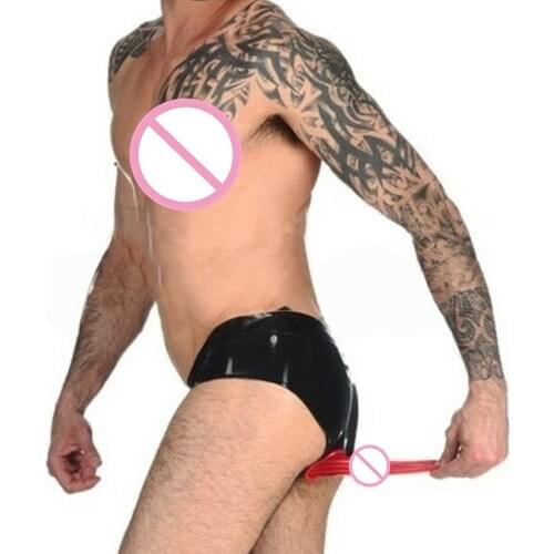 Handmade Mens Natural Latex Briefs Shorts Anal Condom Underwear with Front Crotch Zipper