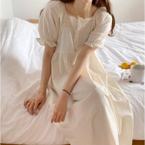 Beige Cotton Long Nightgown Female Sweet Lace Ruffles Trim Nightdress Puff Sleeve Home Dress Summer New Square Collar Sleepwear