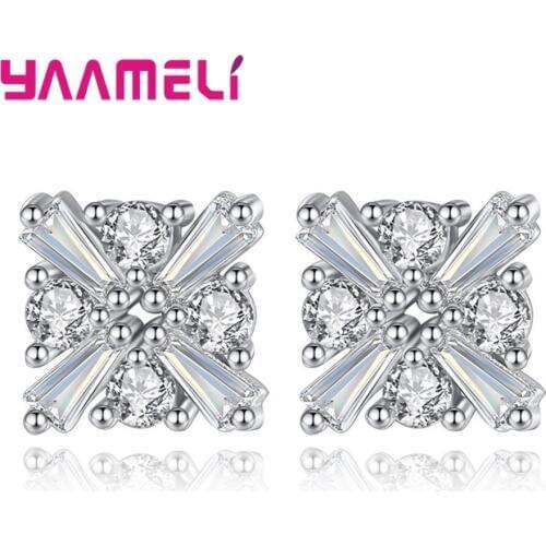 New Fashion Crystal Jewelry 925 Sterling Silver Full Clear Cubic Zircon Square Snowflake Necklace Ear Decoration Pendientes