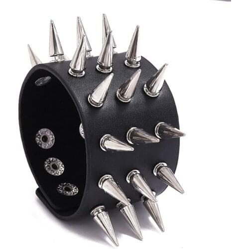 The New Three-row Sharp Nail Exaggerated Punk Wide Leather Bracelet Personality Bar Locomotive Jewelry