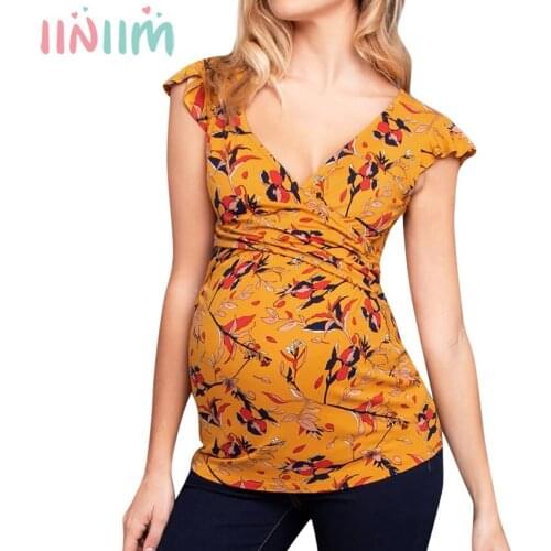 Maternity Breastfeeding Tops Pregnancy Ruffle Flying Sleeve Floral V Neck Nursing Plus Size Blouses Pregnant Women Casual Tees