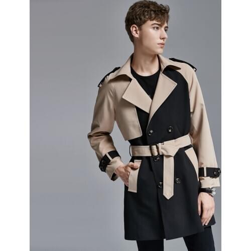2020 Autumn Contrasting Color Windbreaker Male Mid-length Fashion Young Mans Loose Trench Coat Mens Double Breasted Outwear