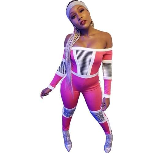 Striped Patchwork Sexy Jumpsuit Women Slash Neck Off Shoulder One Piece Jumpsuit Party Bodycon Rompers Womens Jumpsuit Overalls