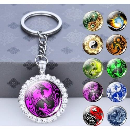Ying Yang Dragon Keychain Glass Cabochon Pendant Silver Color Ying Yang Flowers Keyring Men Women Amulet Jewelry Accessories