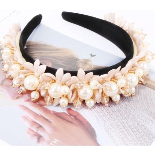 Baroque Style Flower Pearl Headbands Crystal Beads Embellishment Wide Hairbands Women Wedding Party Crown Tiara Hair Accessories