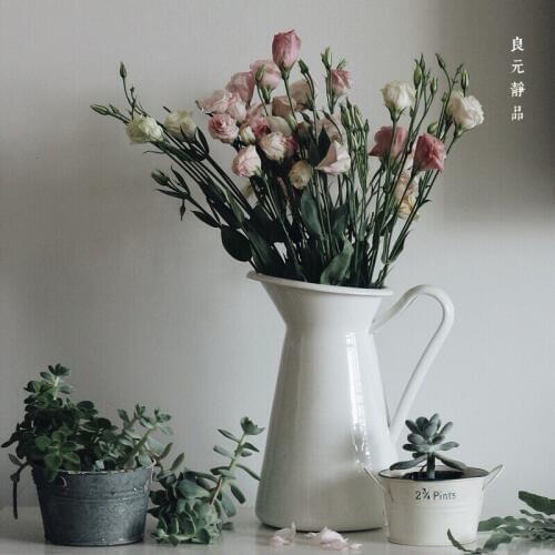 Retro Nordic white enamel porcelain large tabletop vase green plant flower pot Japanese style simple water pot home decoration