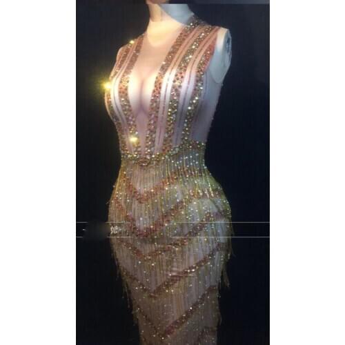 Sexy Women Sleeveless Tassel Party Dress Gold Rhinestones Club Dress Luxury Floor Length Bodycon Dress Singer Stage Costume
