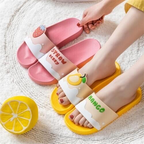 Female Summer Slippers Couple Indoor Non-Slip Thick-Soled Bathroom Slides Women/Man Cute Shoes Cartoon Fruit Household Sandals