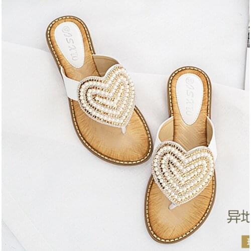 Heart Crystal beads flip flops women bohemian slippers wood heels summer shoes woman sandalias pearl rhinestones clip toe slides