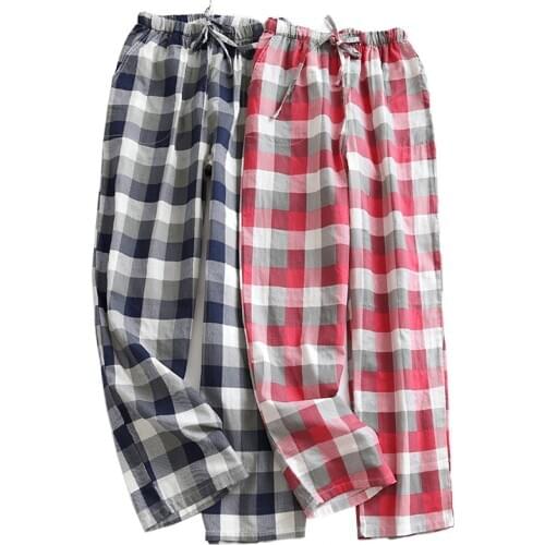 2020 Spring & Fall Men And Women Lovers' Sleep Bottom Couples Gauze Cotton Plaid Loose Sleep Pants Elastic Waist Homewear Pants