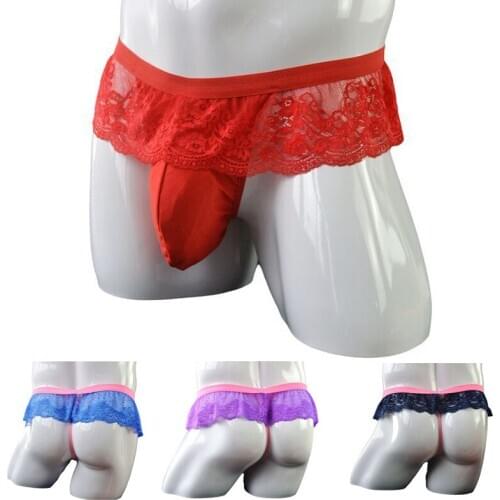 Men sexy thong underwear transparent color lace transparent skirt thong breathable low waist sexy alternative role performancen