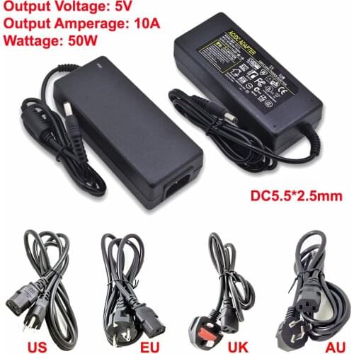 Transformer 110V-240V To DC 5V 10A 50W Desktop Power Supply Adapter Include US/EU/UK/AU Plug Cable with 5.5x2.5mm Jack Socket