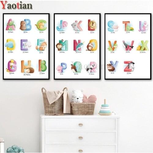 Triptych diy Diamond Painting square/round Cartoon animal alphabet diamond embroidery 3 pieces Nursery Early education sticker