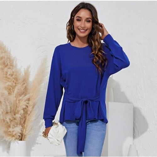 Autumn Winter New Women O-neck Long Sleeve T-shirt Top Lace Up Sashes Design Fashion Solid Casual Loose Pullovers Blue Korean