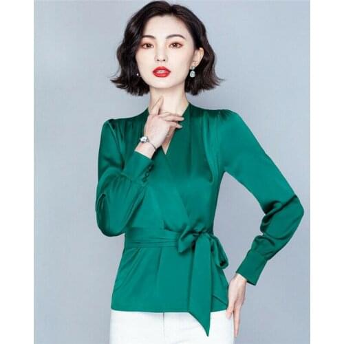 Womens Long Sleeve Belt V Neck Chiffon Tunic Shirt OL Formal Silk Blouse Tops