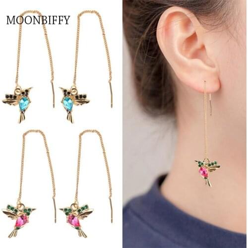 Ladies Elegant Hummingbird Rhinestone Stud Earrings Dangle Earrings Zircon Long Pendant Earchain for Women LL