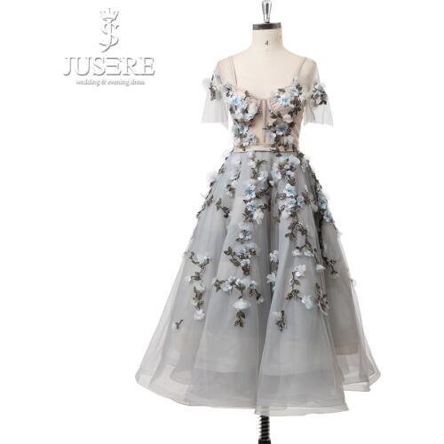 Corset Straps Side Sleeves Grey Tulle 3D Flowers Beading Fairy Short A line Lovely Knee Length Prom Dress 2018