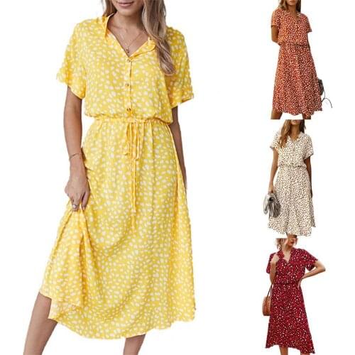 Ladies Dress Short Sleeve Printing 4 Colors Women Stand-up Collar Dress for Beach