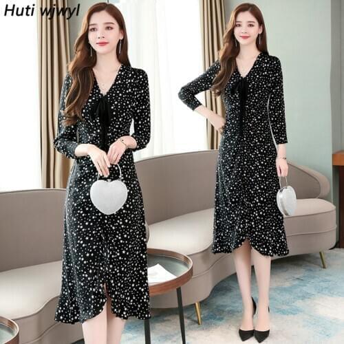 2021 Plus Size Black Dot Chiffon Midi Dresses Autumn Winter Vintage Beach Long Sleeve Dress Elegant Women Bodycon Party Vestidos