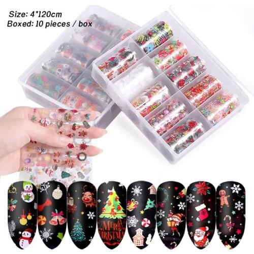 10 pcs/box Christmas Halloween Design Nail Art Transfer Foil Sticker Mixed Styles Festival Nail Decorations Manicure Accessories