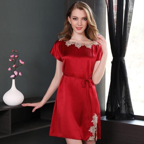 100% Silk Nightgown Women with Sides Slit Lace Nightdress with Sash Elegant Ladies Nightie Sleepwear Satin Nightwear sp0115