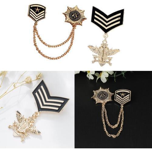2 Pieces Vintage Star Uniform Pin Brooch Badge Award Navy Style Medal Chain Gift