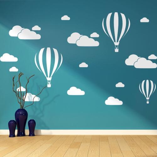 3D Cartoon Hot Air Balloon White Clouds Wall Stickers For Kids Baby Children Rooms Wallpaper Home Decor Bedroom PVC Art Mural