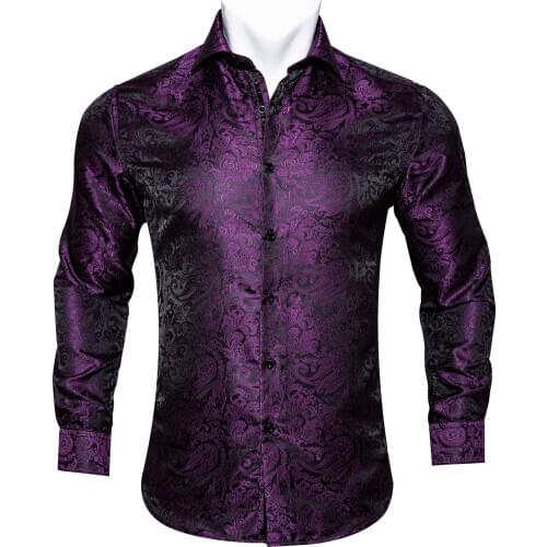 Barry.Wang New Fashion Paisley Silk Shirt Men Long Sleeve Vintage White Purple Black Spring Autumn Casual Dress Shirt Party Male