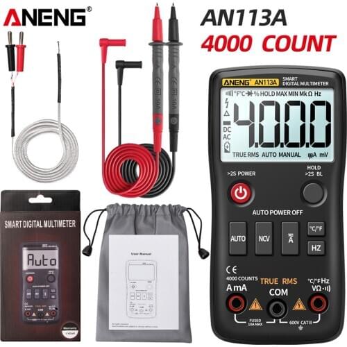ANENG AN113A Digital Multimeter True RMS with Temperature Tester 4000 Counts Auto-Ranging AC/DC Transistor Voltage Meter