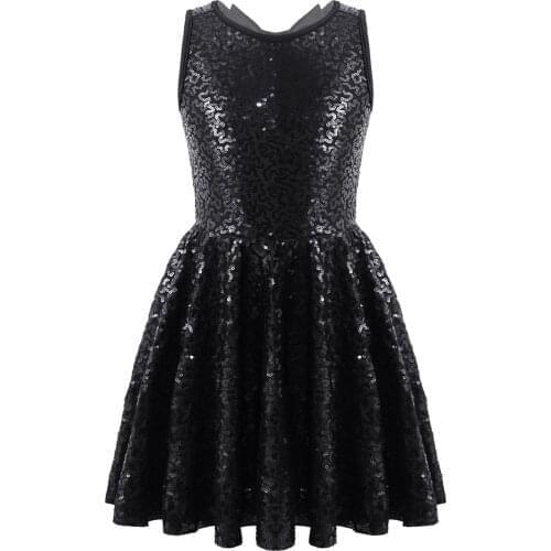 Kids Girls Dance Wear Sleeveless Shiny Sequins Hollow Back Bowknot Ballet Dance Leotard Tutu Dress Princess Birthday Party Dress