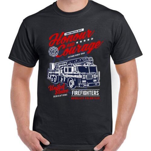 Print Men T Shirt Summer Honour & CORAGGIO Pompiere Uomo Nera T-Shirt Fire Brigade Service ENGINE T-Shirt