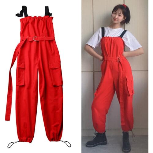 Sleeveless Jumpsuit Female Rompers Sexy Red Loose Casual Women Strap Playsuits Off Shoulder Sashes Pockets Bib Overalls