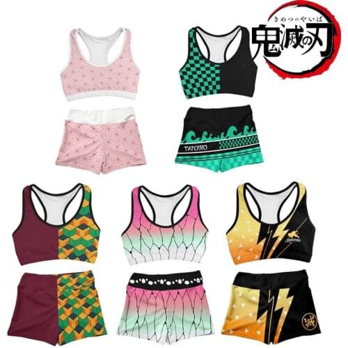 Anime Demon Slayer Cosplay Costume Kimetsu No Yaiba Kamado Nezuko Sport Workout Running Short Bra Yoga Suit Tracksuit Fitness