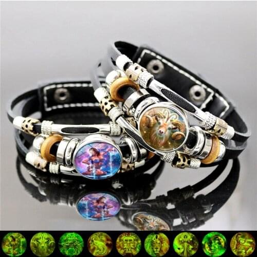 Zodiac Signs Button Leather Bracelet 12 Constellation Luminous Jewelry Aries Gemini Virgo Libra Multilayer Weave Punk Bracelet