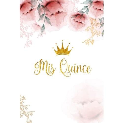 Mis Quince Background Girl Sweet 15 Maiden Teens Birthday Party Backdrop Pink Floral Glittering Crown Banner Vertical Decoration