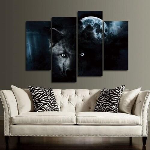 Wall Art Canvas Pictures Unframe Bedside Background Decor 4 Pcs Black Wolf and Full Moon Living Room HD Printed Poster Paintings